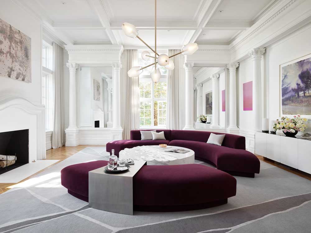 With Larkspur Builders, the old herringbone floors and classical details were restored; a new white Thassos marble fireplace surround is from Da Vinci Marble and Fox Marble; walls and ceilings were covered by High End Painting with flat and eggshell C2 Architectural White.