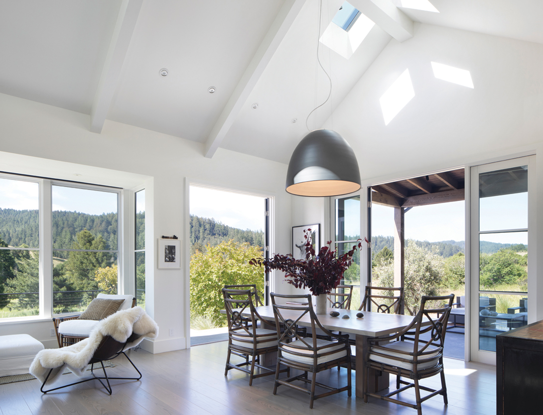 16 ft ceilings allow for a light-filled design in this Nicasio home