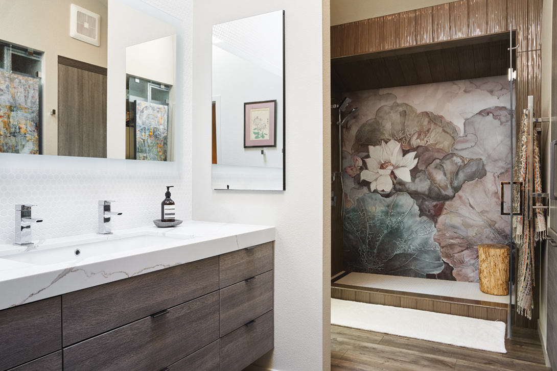The master shower features fiberglass wallpaper.